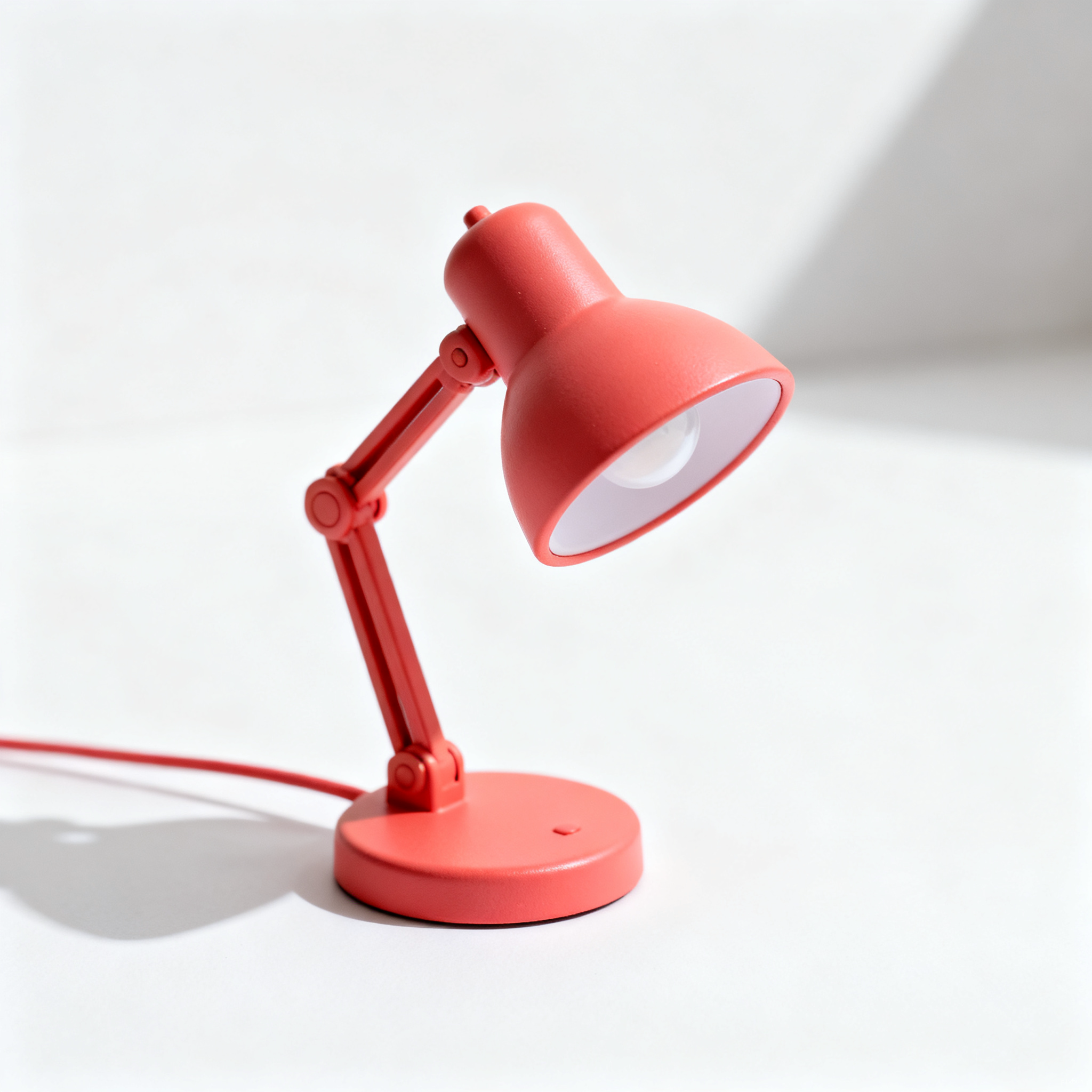 A refined product photograph of a small coral-red desk lamp on a white studio surface, soft shadows, centered composition