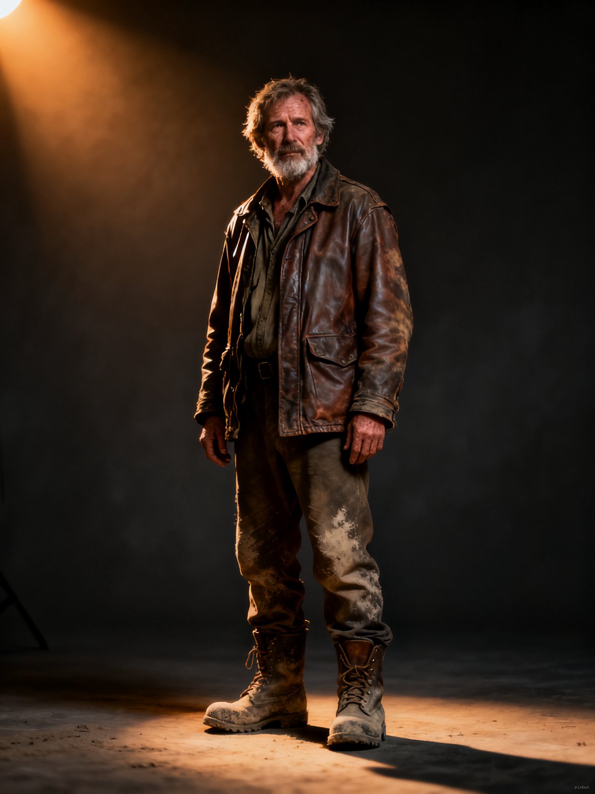 Cinematic portrait of a weathered explorer, low key lighting, anamorphic lens, 35mm film grain, shallow depth of field