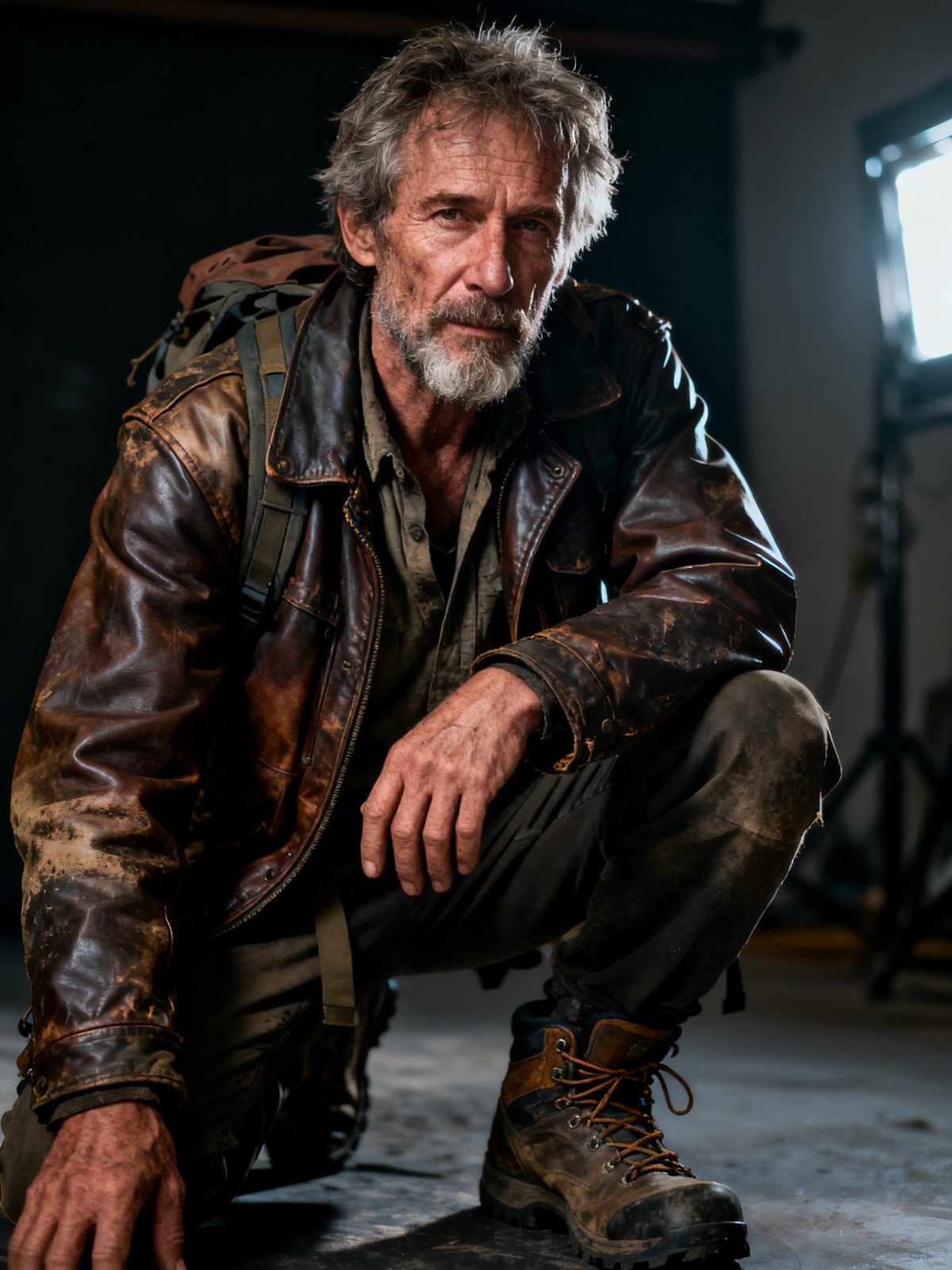 Cinematic portrait of a weathered explorer, low key lighting, anamorphic lens, 35mm film grain, shallow depth of field